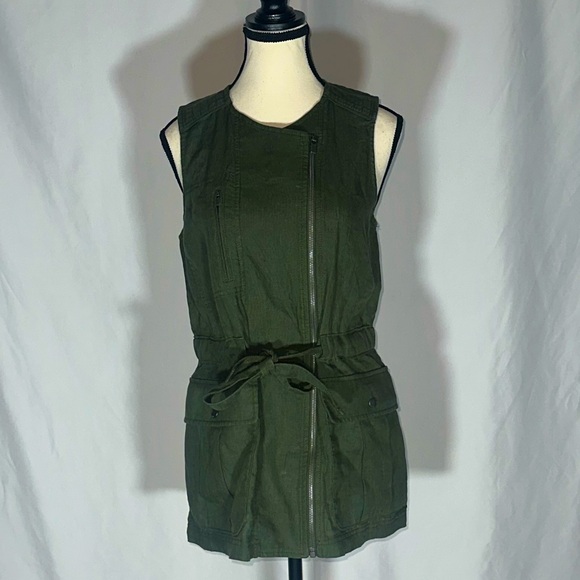 Athleta Jackets & Blazers - Athleta Linen Vest Top Army Green XS Zip Up Tie Waist Pockets Military Biker